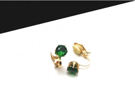 Cercei clips cu cristal rotund verde smarald